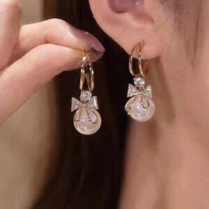 Cute Pearl Drop Crystal Bow Butterfly Rhinestone Korean Style Earrings Set